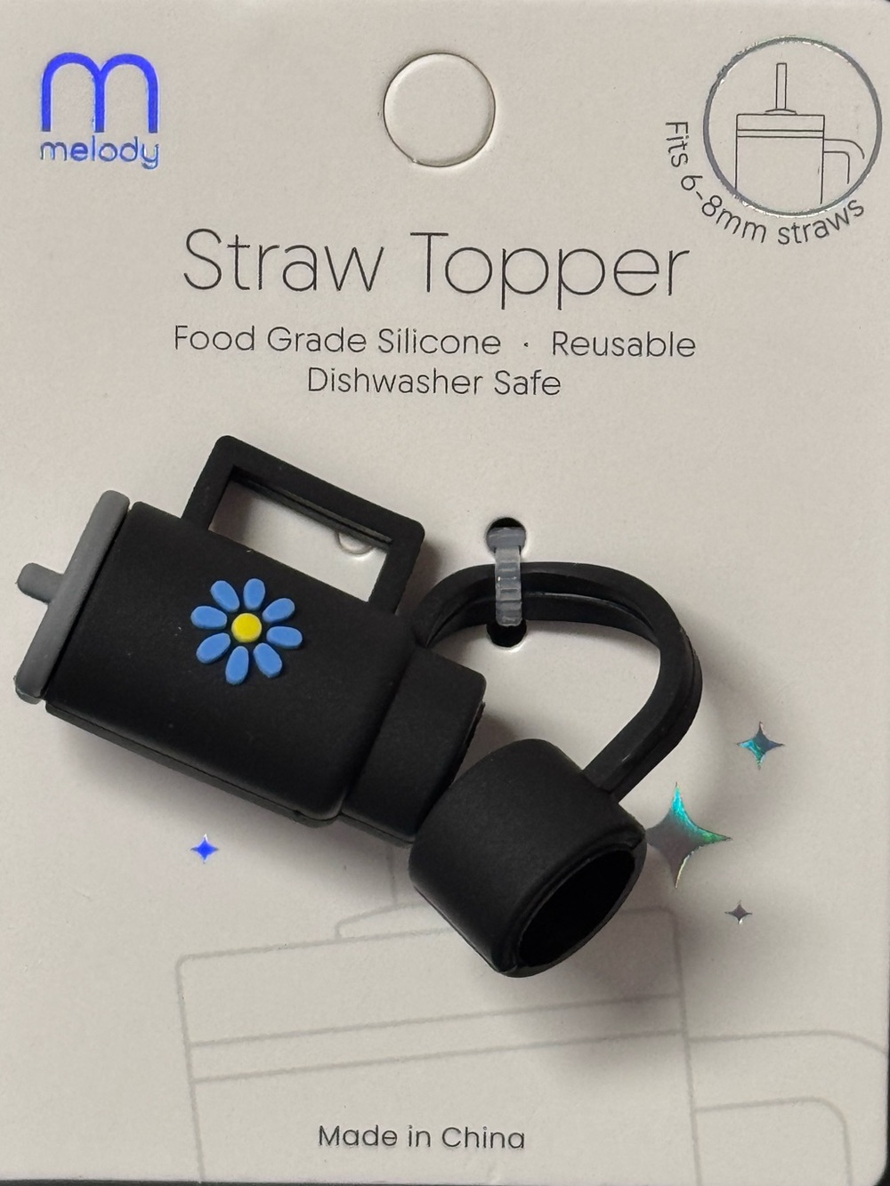 NWT Melody Silicone Water Bottle Tumbler Straw Topper Cover Daisy Floral Black